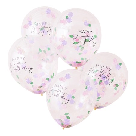 Нежни Балони с Конфети Цветя и Надпис "Happy Birthday"