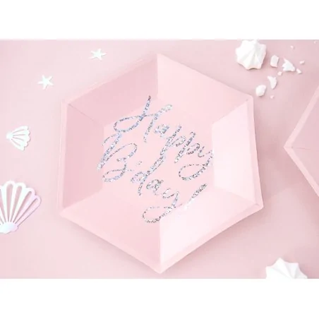 Piatti di carta "Happy Birthday!", rosa pallido (1 pacco / 6 pezzi)