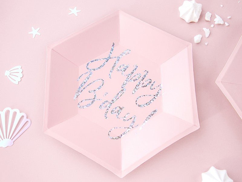 Парти Чинии "Happy B'day!", Бледо Розови, (1 Пакет / 6 Бр.) - Party Design