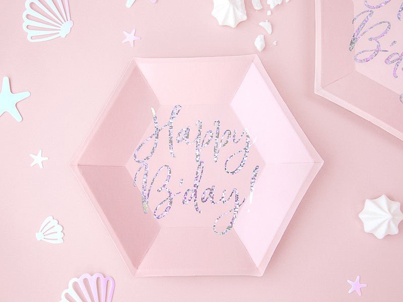 Парти Чинии "Happy B'day!", Бледо Розови, (1 Пакет / 6 Бр.) - Party Design