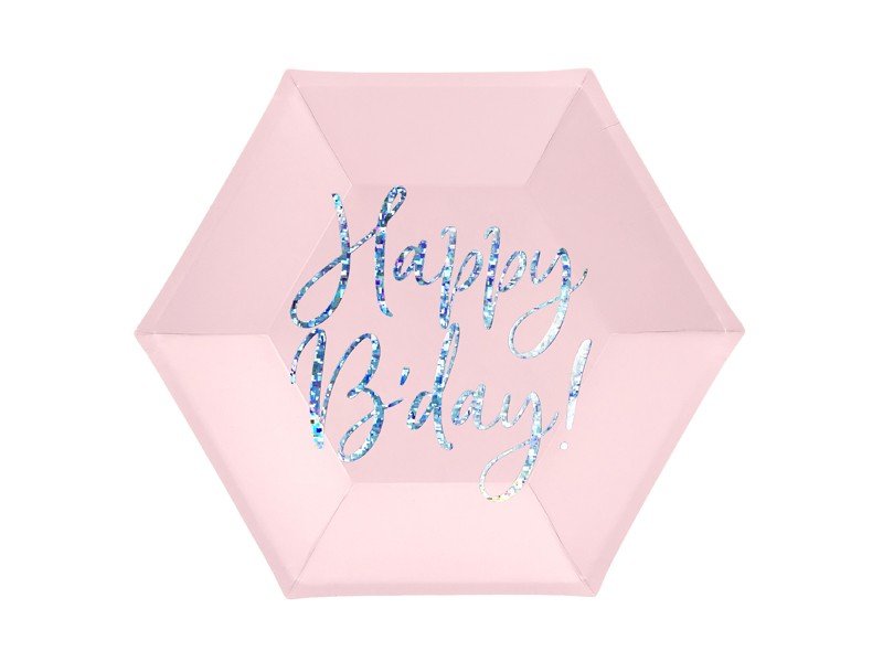 Парти Чинии "Happy B'day!", Бледо Розови, (1 Пакет / 6 Бр.) - Party Design