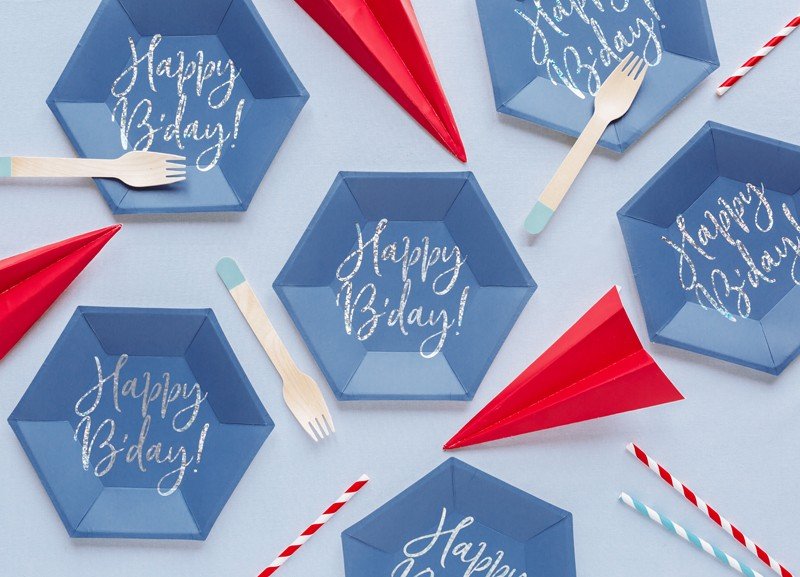 Парти Чинии "Happy B'day!", Тъмносини, (1 Пакет / 6 Бр.) - Party Design