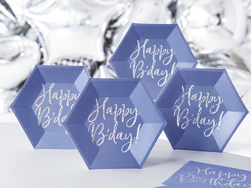 Парти Чинии "Happy B'day!", Тъмносини, (1 Пакет / 6 Бр.) - Party Design