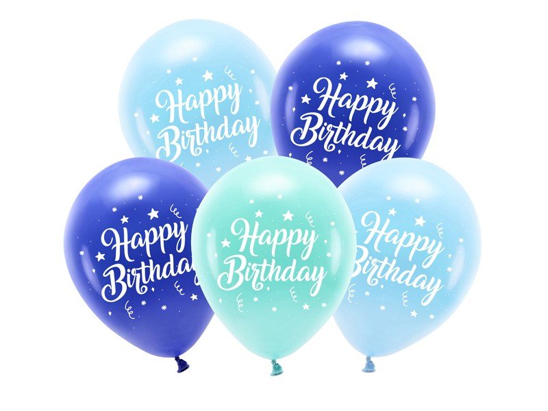 Латексови Балони С Надпис "Happy Birthday", Сини Нюанси , 26см (1 Пакет / 5 Бр.) - Party Design