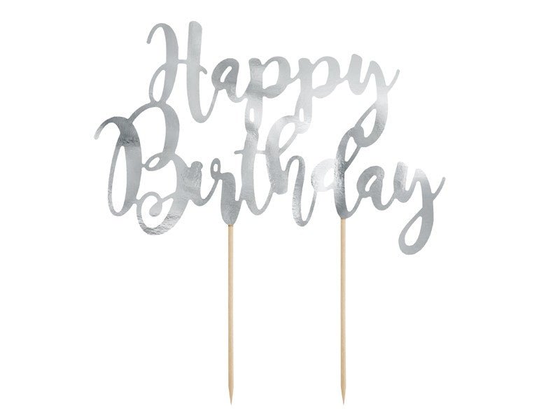 Топер за Торта - Happy Birthday, Сребърно - Party Design