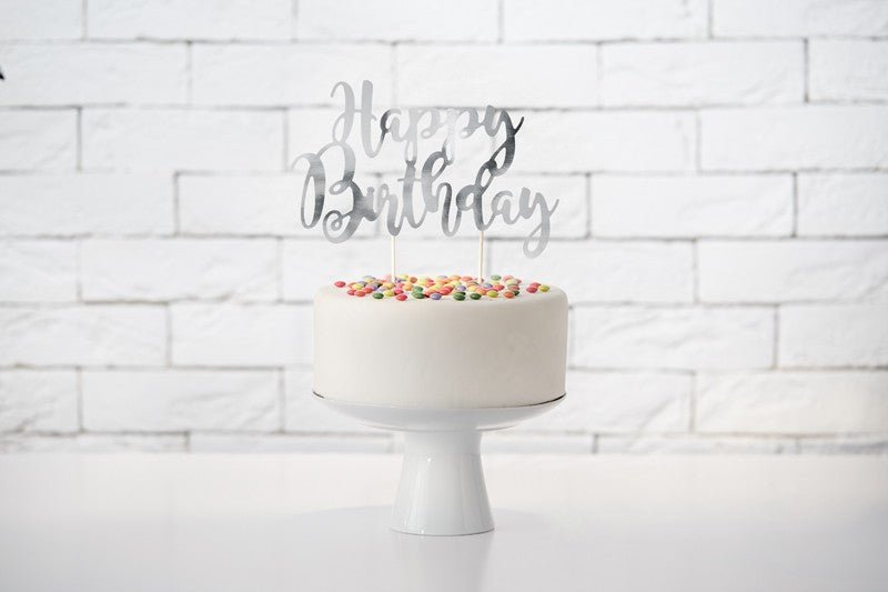 Топер за Торта - Happy Birthday, Сребърно - Party Design