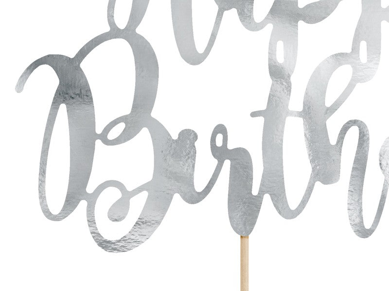 Топер за Торта - Happy Birthday, Сребърно - Party Design