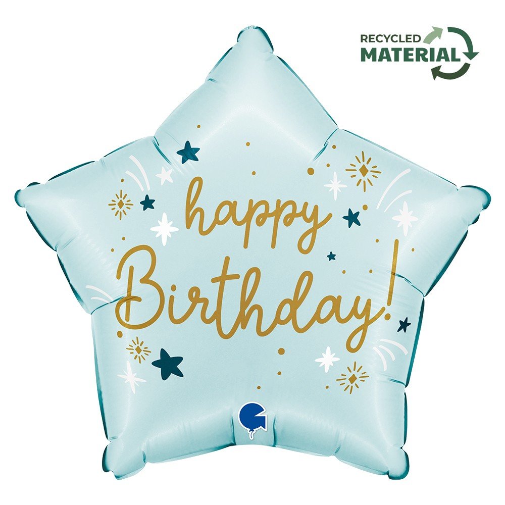 Фолиев Балон Звезда - "Happy Birthday" , Светло Синьо - Party Design