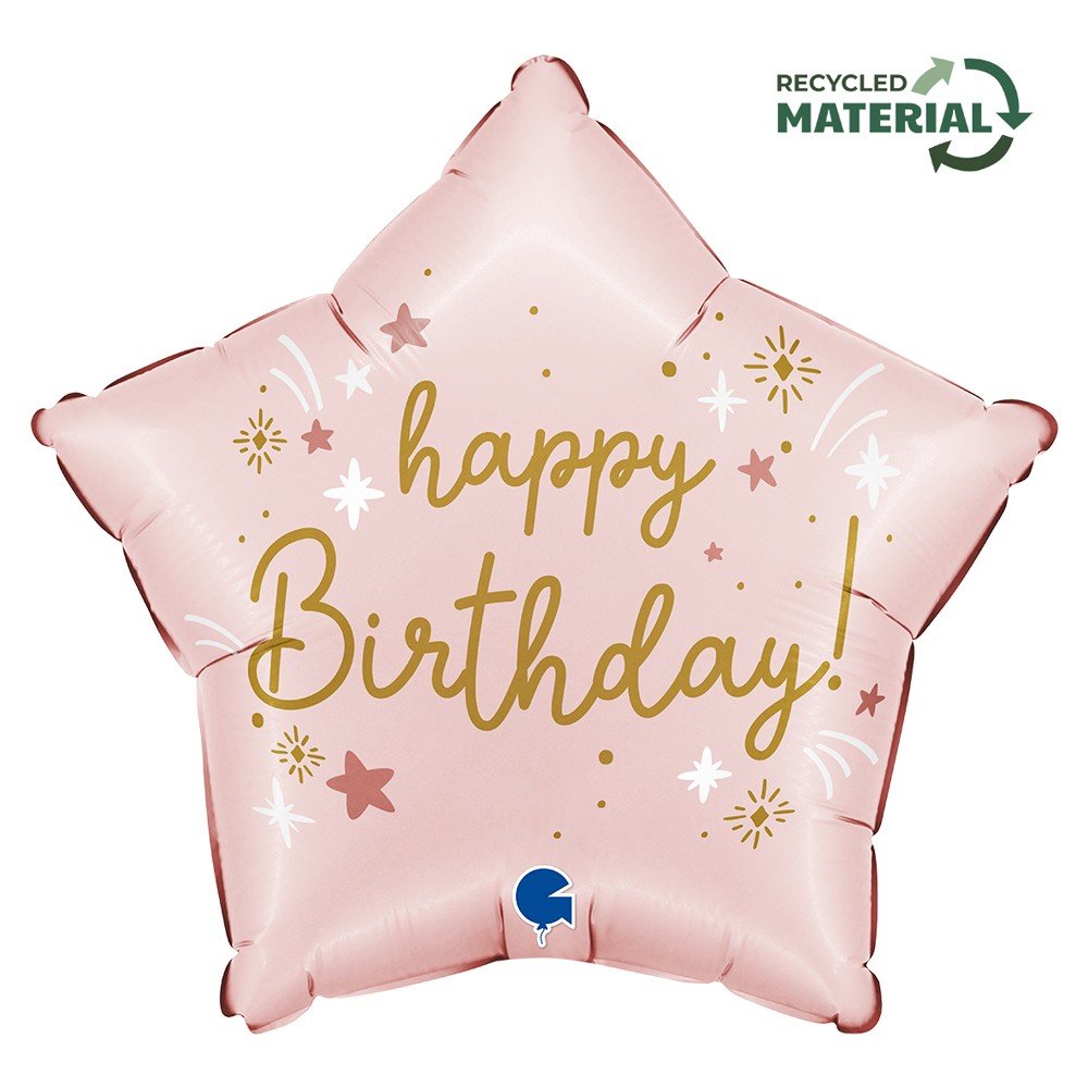 Фолиев Балон Звезда "Happy Birthday", 46см, Бледо Розово - Party Design