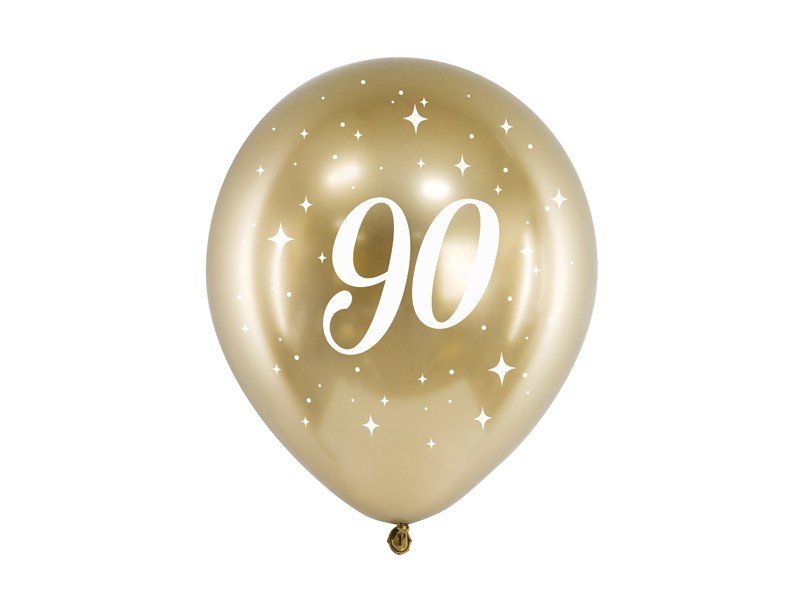 Латексови Балони Хром, Злато С Бял Печат 90, 30см - (1 Пакет / 6 Бр.) - Party Design