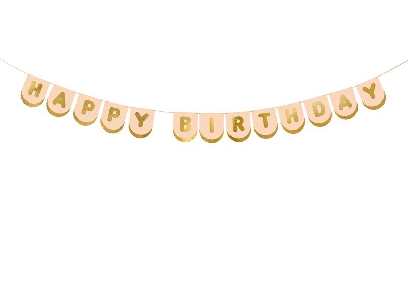 Банер в светло розово със златен надпис "Happy Birthday" - Party Design