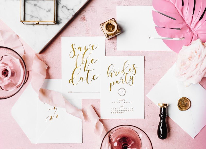 Покани "Save the Date" за Моминско Парти, Бели със Златен Принт - Party Design