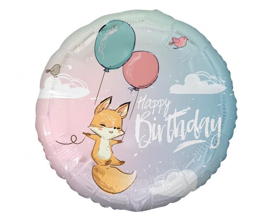 Фолиев Балон "Happy Birthday" с Лисица, 45 см - Party Design