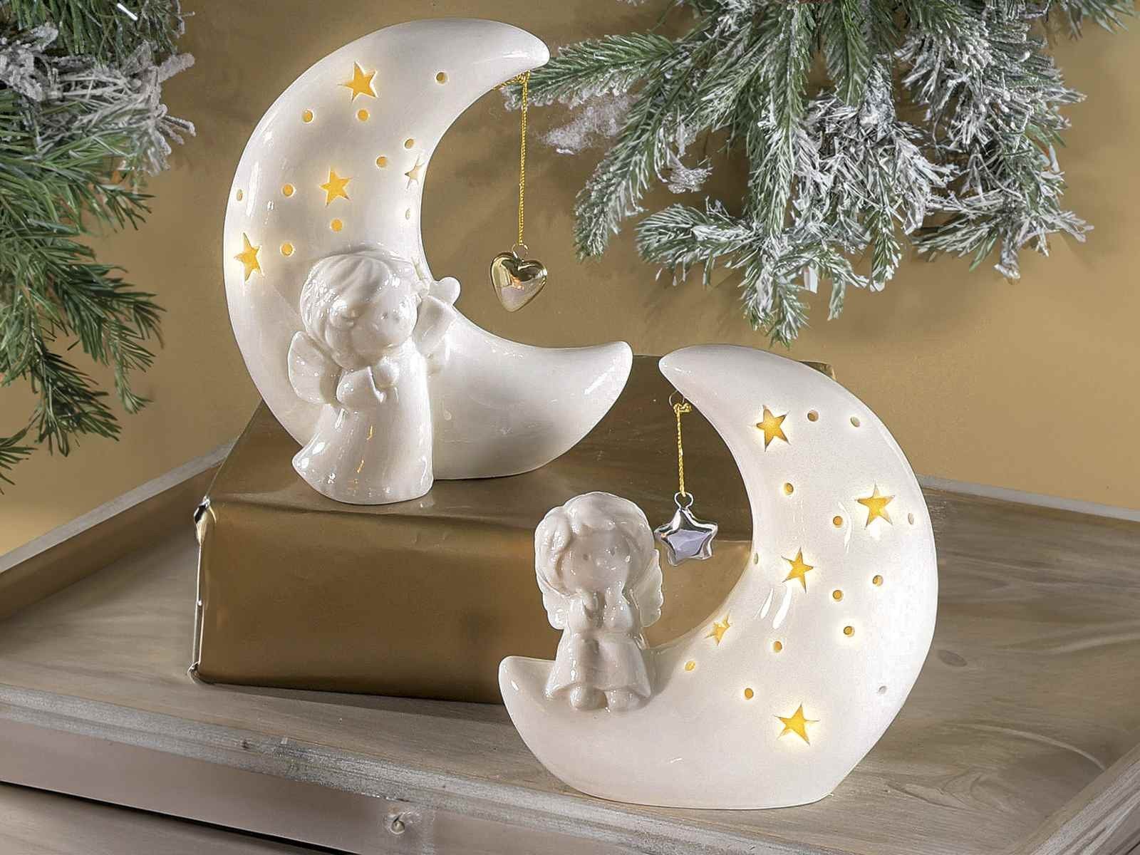 Керамична декорация с луна и ангелче, с LED светлина - Party Design