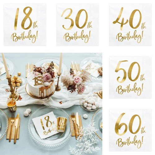 Салфетки за Рожден Ден, Бели със Златен Надпис - Party Design