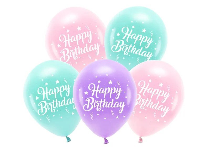 Латексови Балони с Надпис "Happy Birthday", Пастелни Цветове, 26см (1 Пакет / 5 Бр.) - Party Design
