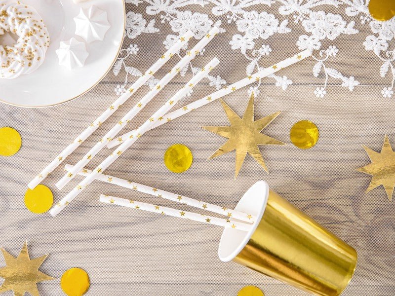 Бели Парти Сламки на Златисти Звездички - Party Design