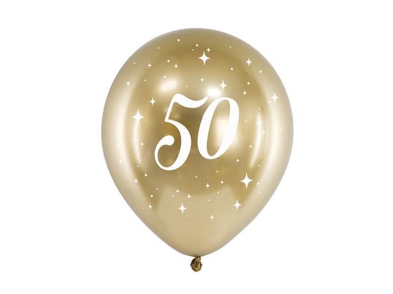 Латексови Балони Хром, Злато с Бял Печат 50, 30см - (1 пакет / 6 бр.) - Party Design