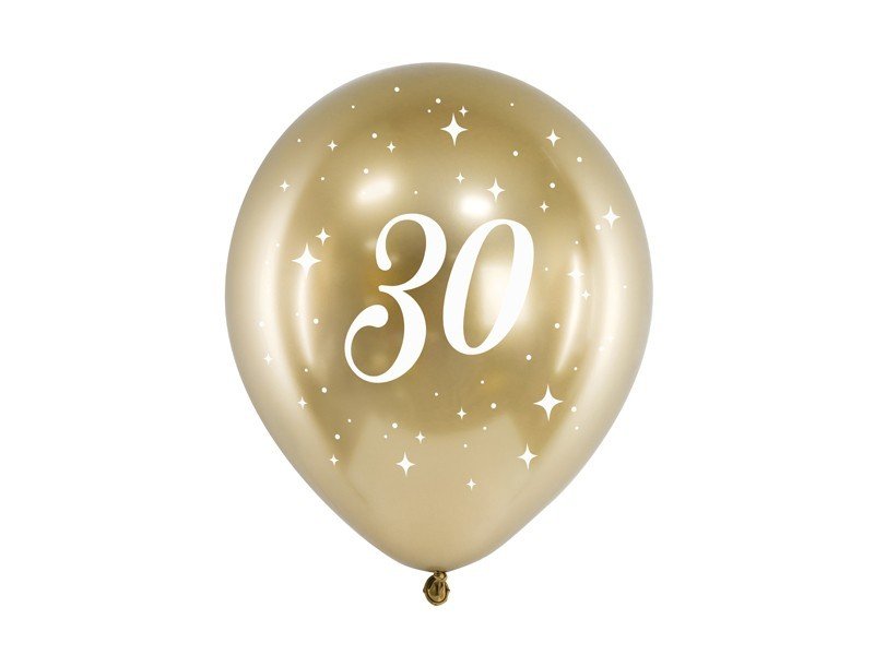 Латексови Балони Хром, Злато с Бял Печат 30, 30см - (1 пакет / 6 бр.) - Party Design