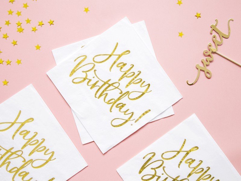 Бели Парти Салфетки със Златист Надпис "Happy Birthday" - Party Design