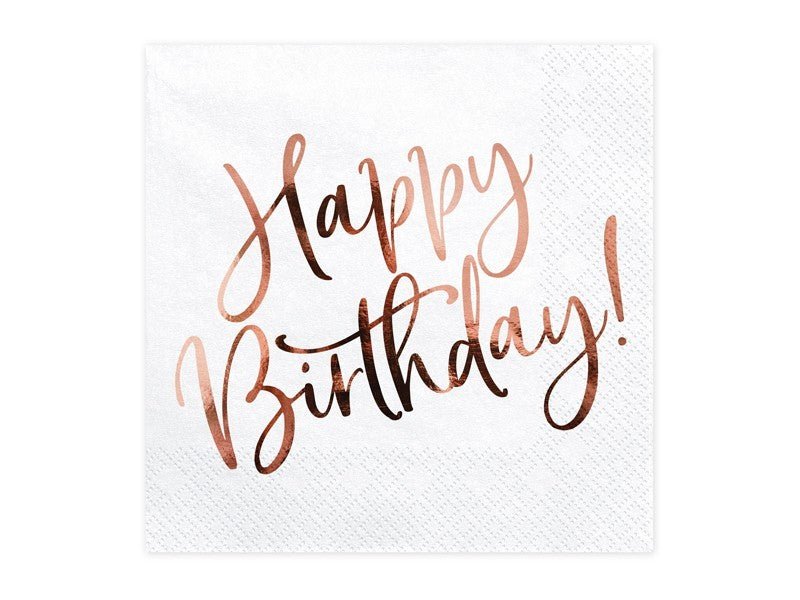 Бели Парти Салфетки с Надпис "Happy Birthday" в Розово Злато - Party Design