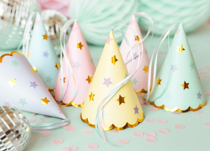 Парти Шапки, Звездички, Пастелни Цветове - (1 пакет / 6 бр.) - Party Design