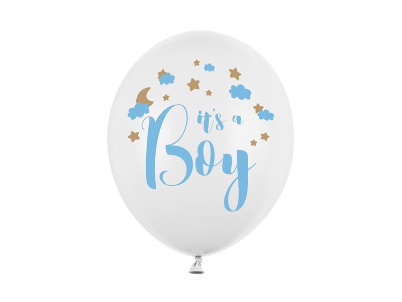 Латексови Балони, Бели н Надпис ''It's a Boy'', 30см - (1 пакет / 6 бр.)