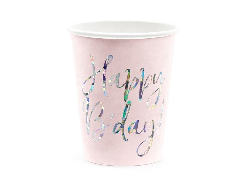 Бледо Розови Чаши с Холограмен Надпис "Happy B'day" - (1 пакет / 6 бр.) - Party Design