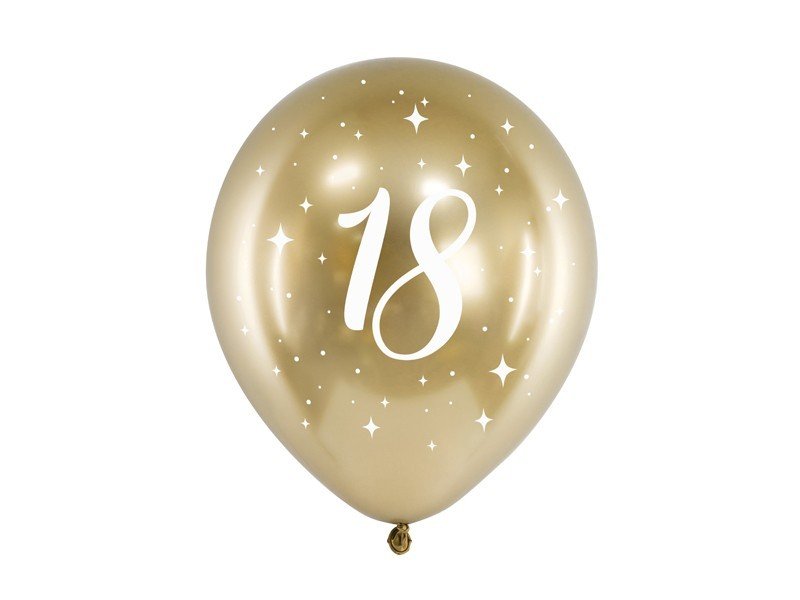 Латексови Балони Хром, Злато с Бял Печат 18, 30см - (1 пакет / 6 бр.) - Party Design
