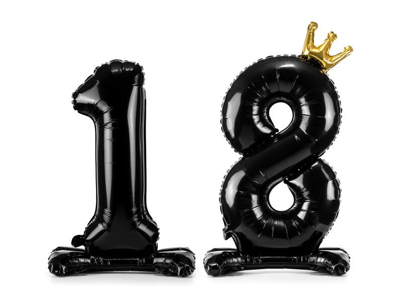Стоящ Фолиев Балон Цифра "18" с Корона, Черно и Златно, 84см - Party Design