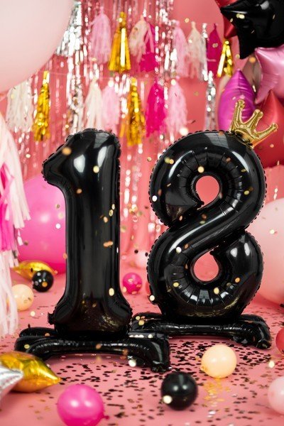 Стоящ Фолиев Балон Цифра "18" с Корона, Черно и Златно, 84см - Party Design