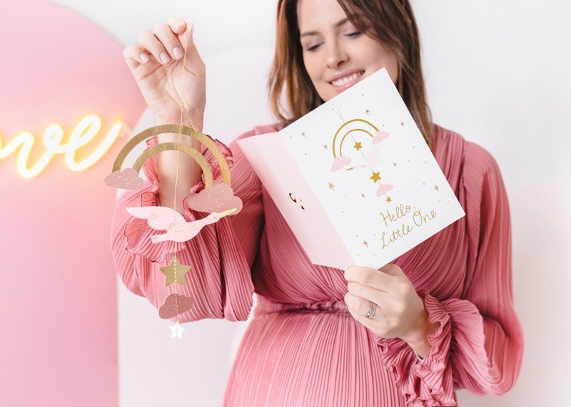 Картичка с Висяща Декорация Щъркел, Светло Розово, 14х20 см - Party Design