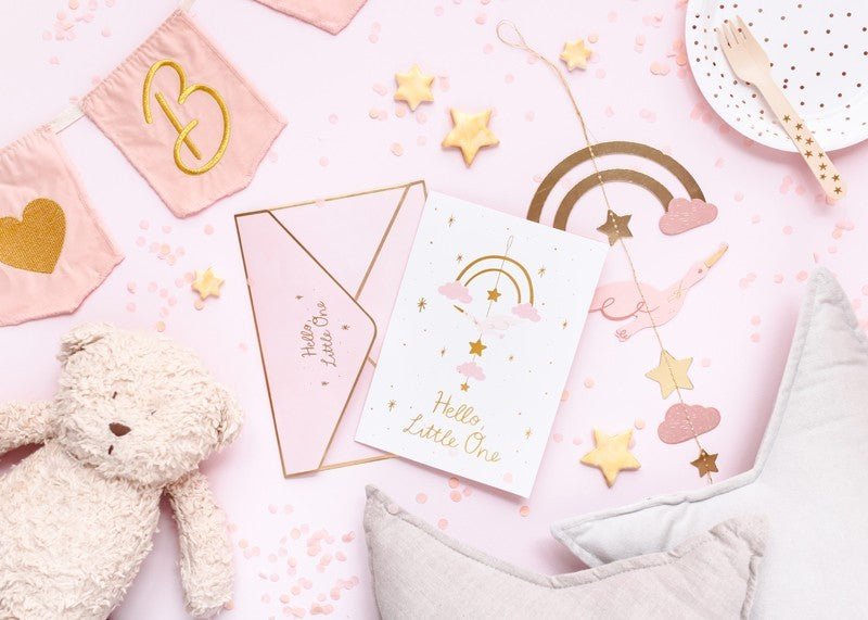 Картичка с Висяща Декорация Щъркел, Светло Розово, 14х20 см - Party Design