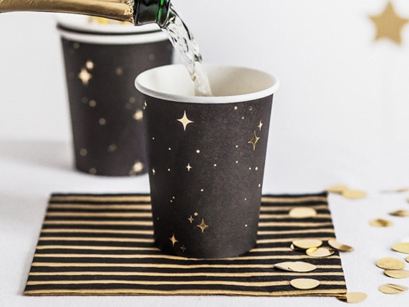 Черни Парти Чаши на Златни Звездички, 260 мл - (1 пакет / 6 бр.) - Party Design