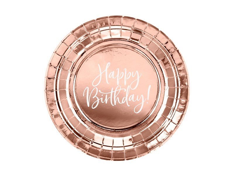 Парти Чинии "Happy Birthday!" в Розово Злато, 18см - (1 пакет / 6 бр.) - Party Design