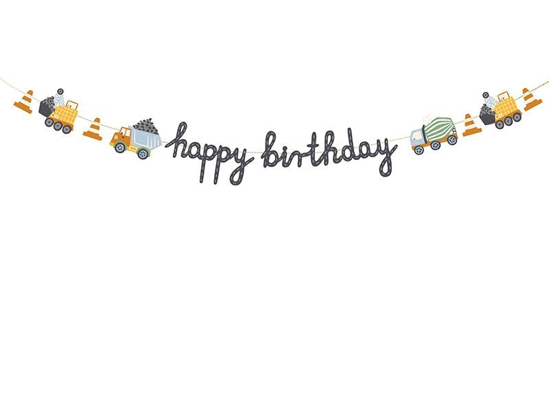Банер Happy Birthday с Машинки за Строителство в изчистен бял фон