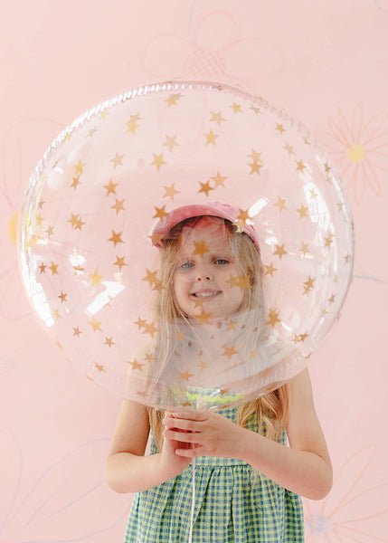 Прозрачен Bubble балон със златисти звезди, 60 см - PartyDesign