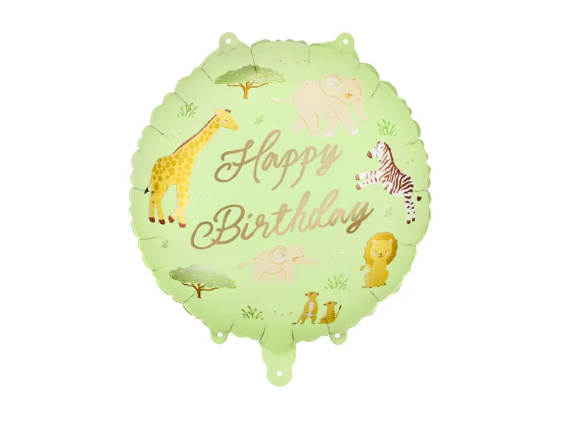 Фолиен балон Happy Birthday Safari 35 см със зелен фон, надпис и сафари животни.