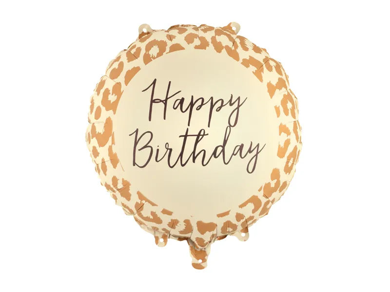 Фолиен балон Happy Birthday 35 см с бежов фон и леопардов принт за рожден ден и safari декорация.