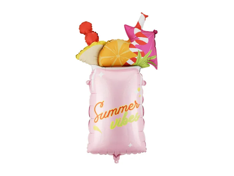 Розов фолиен балон Cocktail Summer Vibes 79 см с плодове, сламка и летни декоративни елементи.
