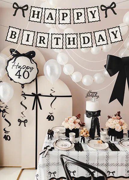 Банер Happy Birthday с панделки кремаво и черно - Party Design