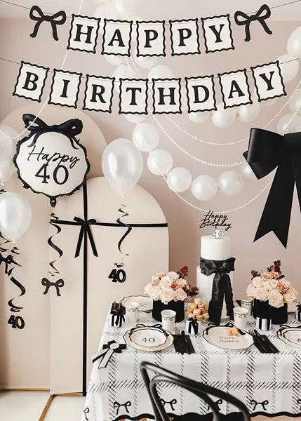 Банер Happy Birthday с панделки кремаво и черно