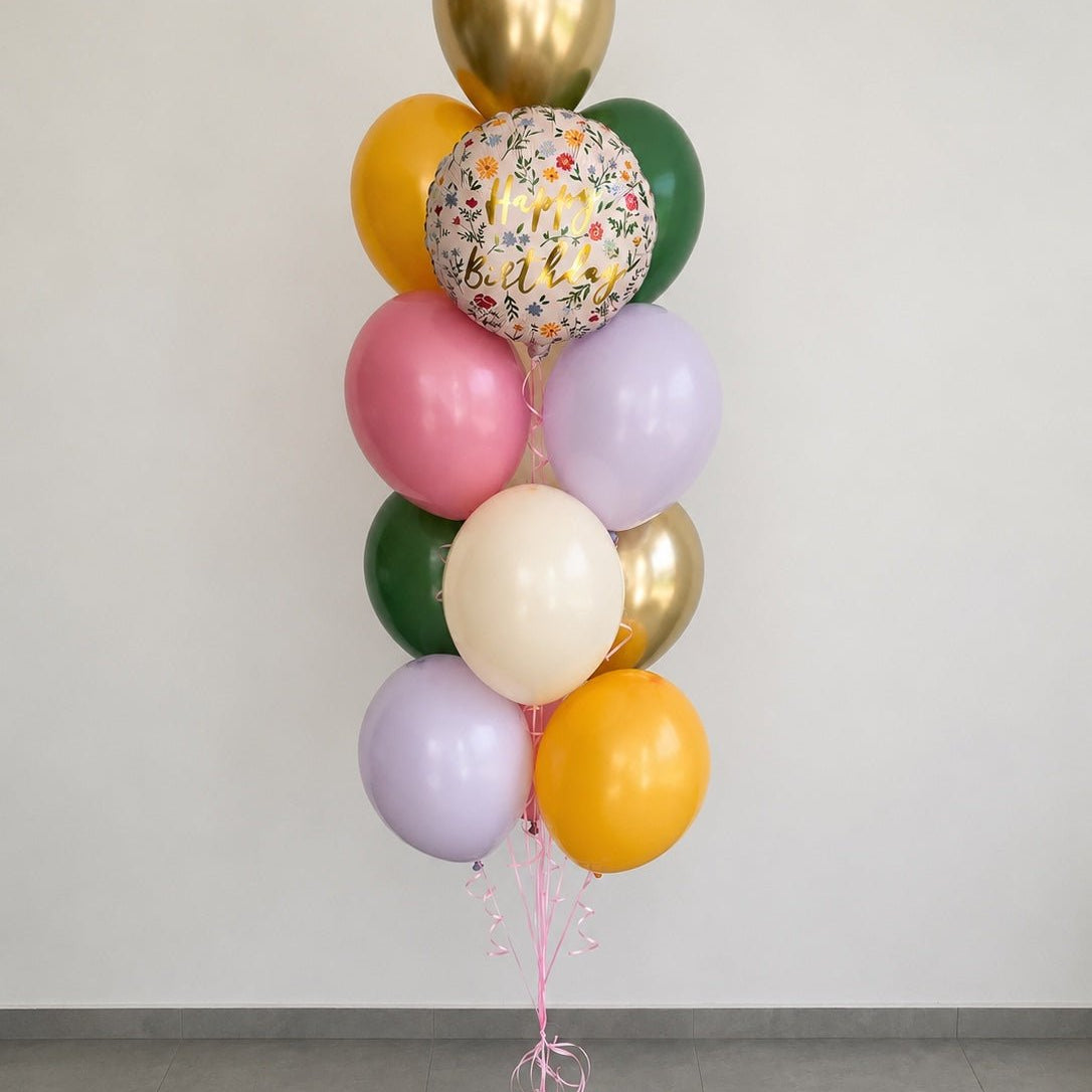 Букет от балони с хелий „Цветна градина“ с флорален Happy Birthday балон - Party Design