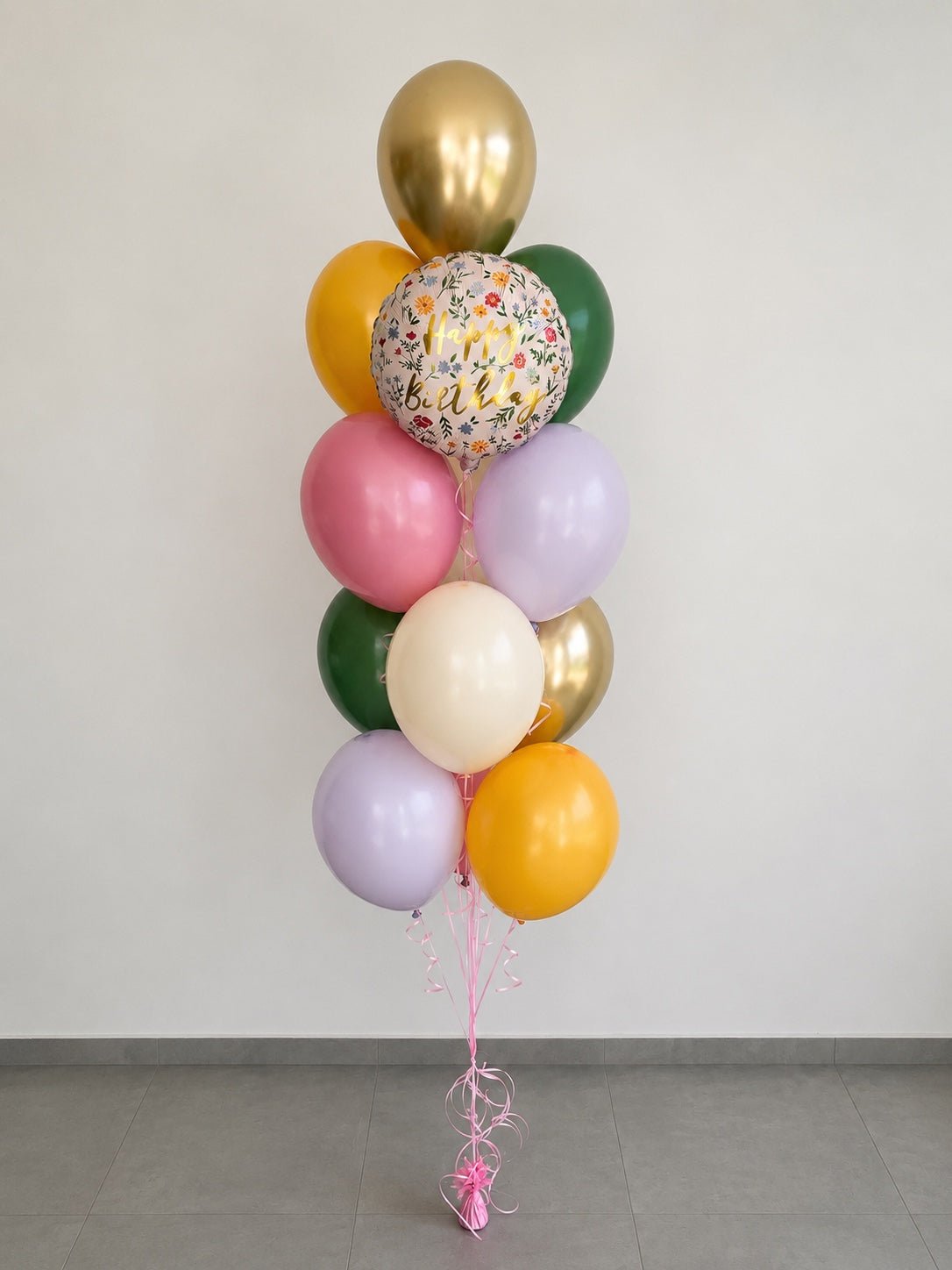 Букет от балони с хелий „Цветна градина“ с флорален Happy Birthday балон - Party Design