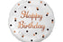 Бял фолиев балон „Happy Birthday“ с точки в розово злато