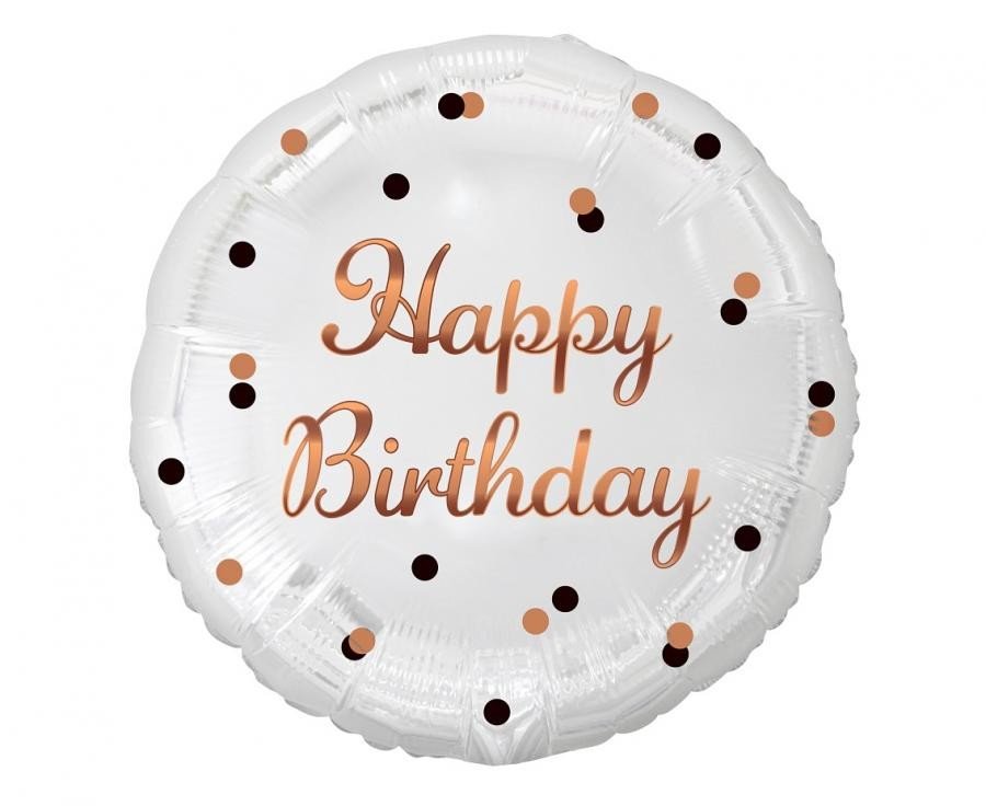 Бял фолиев балон „Happy Birthday“ с точки в розово злато