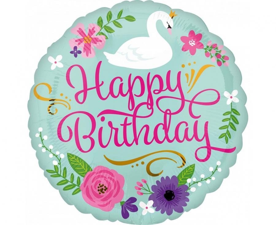 Фолиев балон Happy Birthday с лебед и цветя