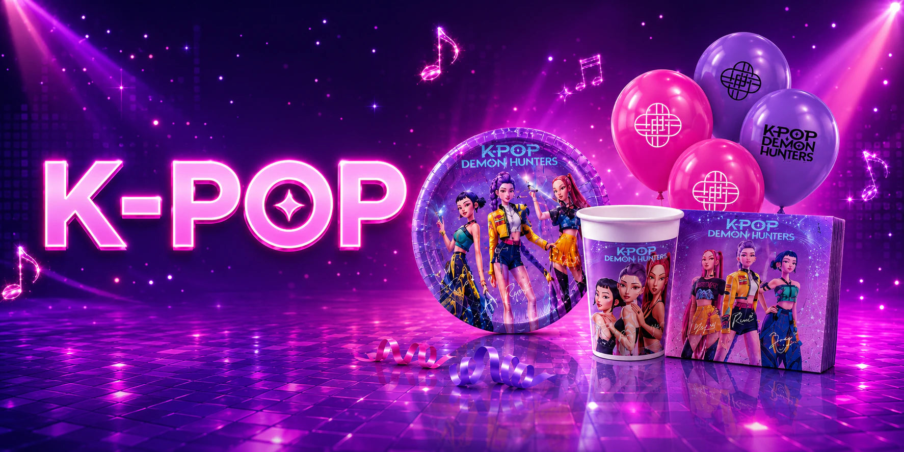 K-POP парти артикули с балони, чаши, чинии и салфетки