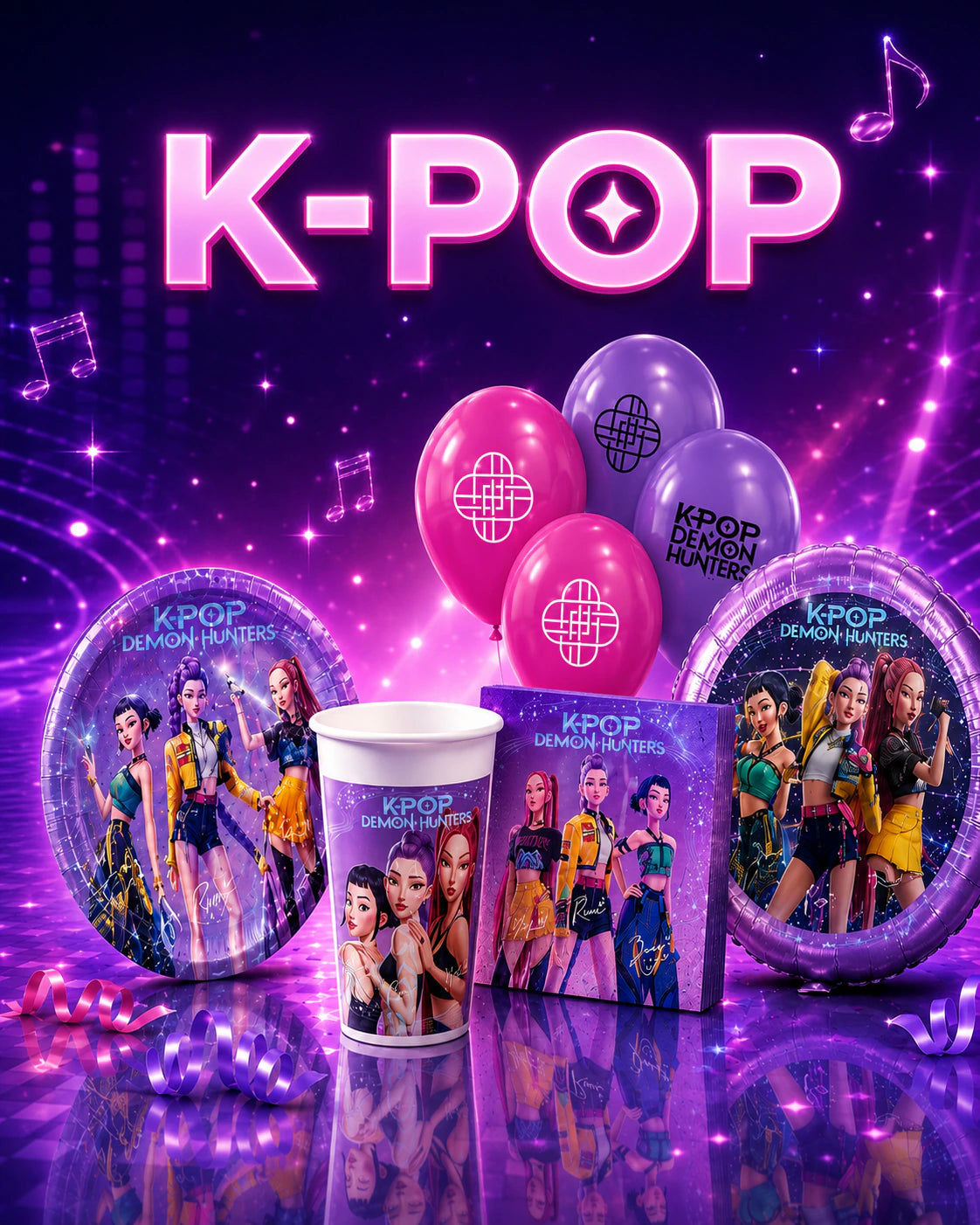 K-POP парти артикули с балони, чаши, чинии и салфетки
