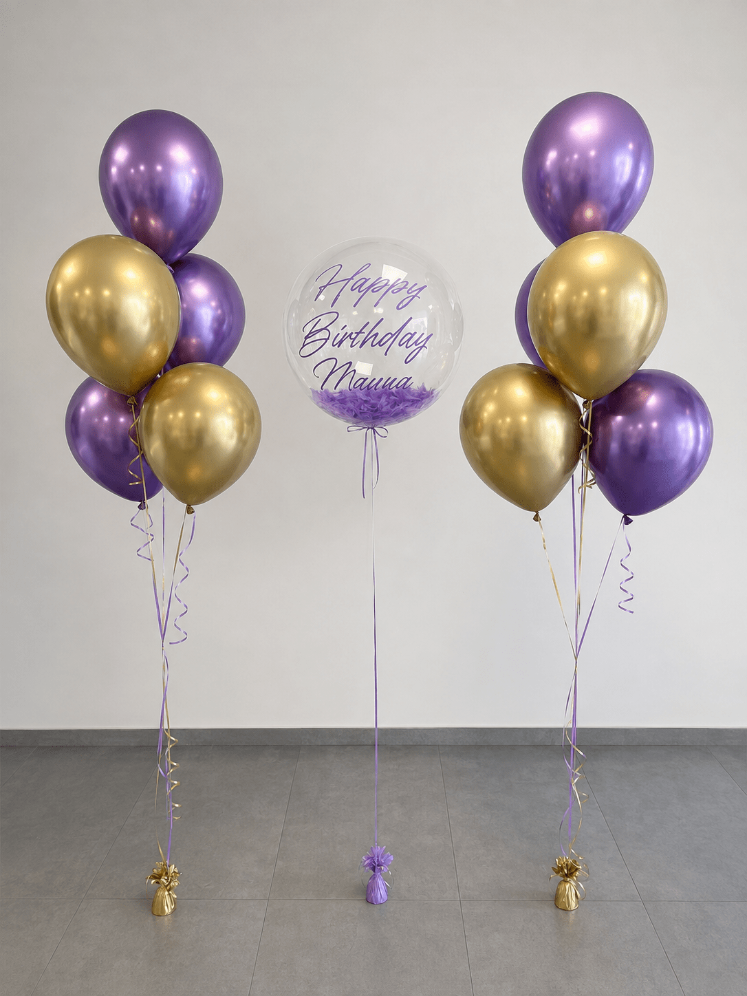 Комплект балони с хелий – лилаво, хром злато и прозрачен балон с пера - PartyDesign